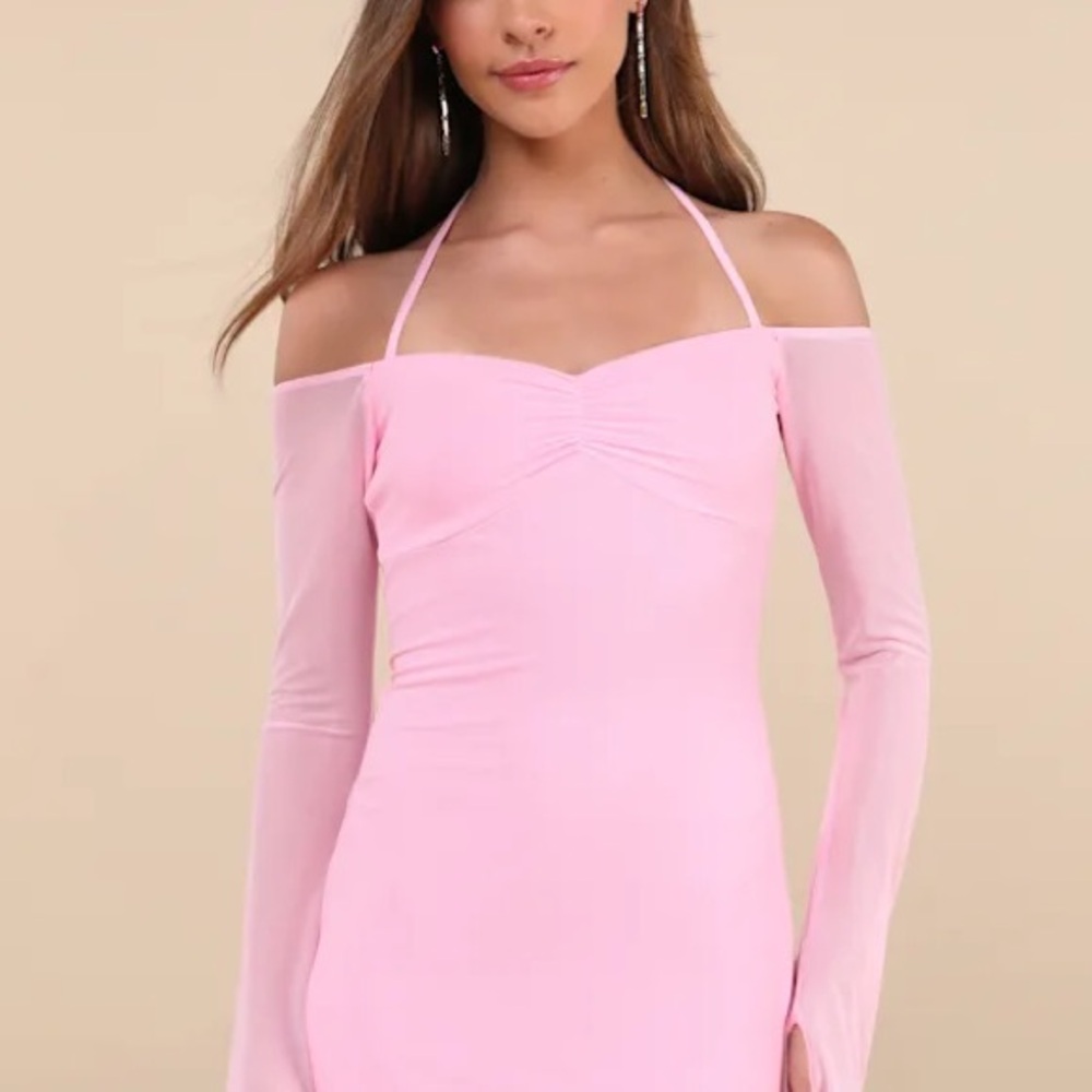 Lulus Flirty Silhouette Light Pink Mesh Long Sleeve Halter Mini Dress